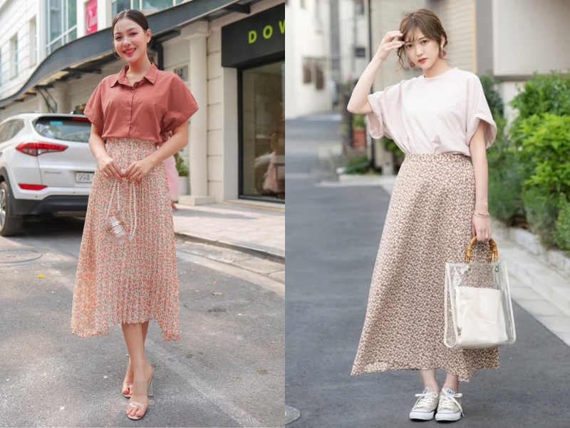 Chân váy hoa nhí hoặc dáng xòe giúp outfit trở nên nổi bật