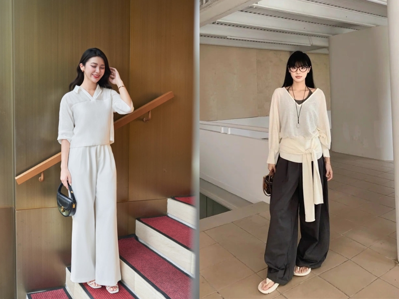 Áo cánh dơi phối với quần ống rộng mang lại phong cách thời trang