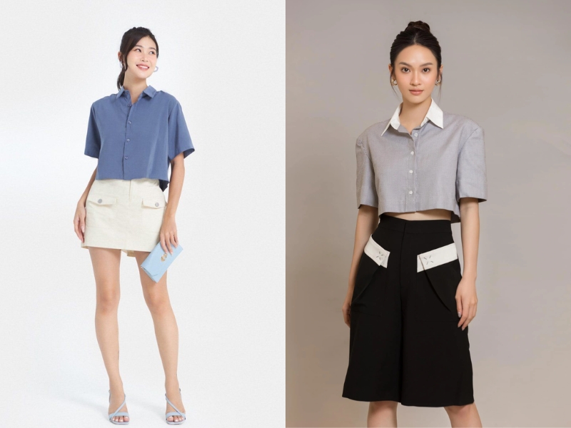 mẫu áo lửng mặc với quần ống rộng