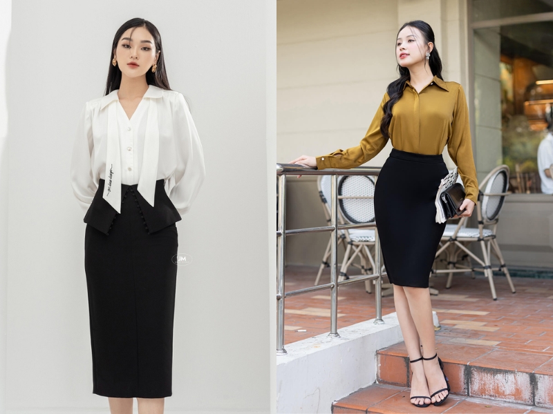 cách phối đồ với chân váy dài qua gối