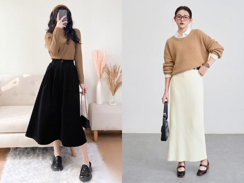 cách mix váy dài qua gối