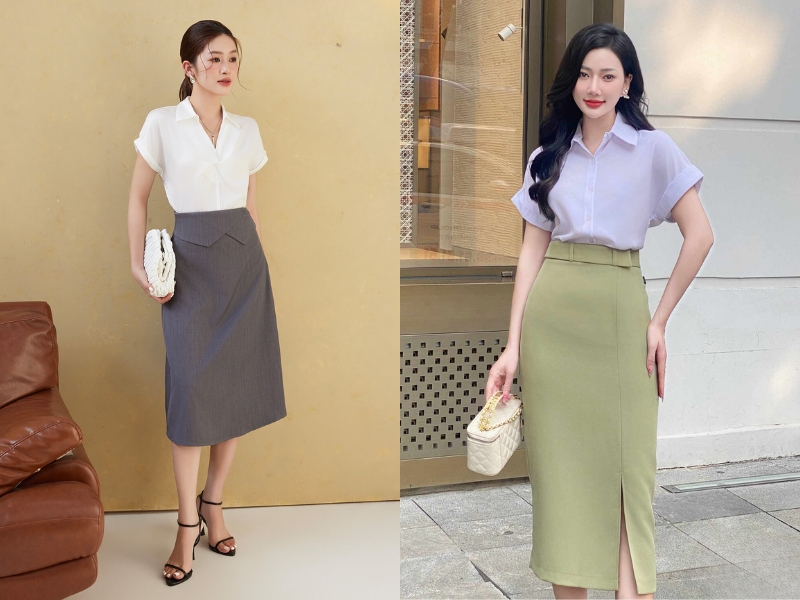 chân váy dài qua gối mặc với áo gì