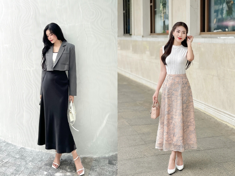 chân váy dài qua gối kết hợp với áo gì