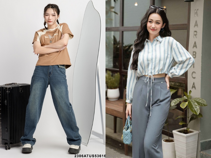 mẫu áo lửng mặc với quần ống rộng