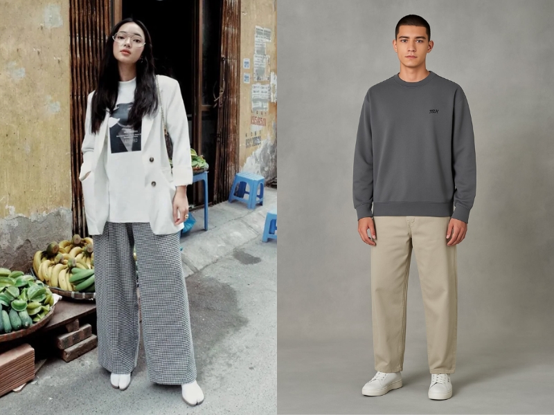 quần ống rộng mix giày thể thao