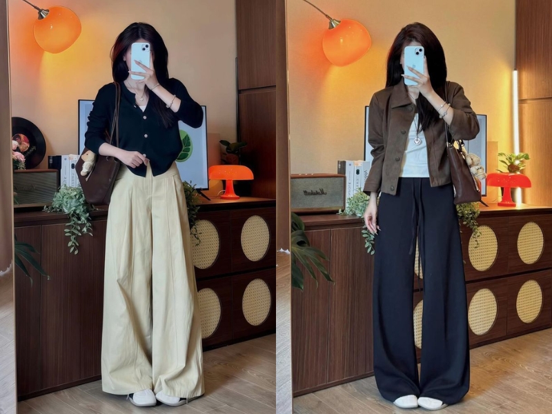 mẫu áo lửng mặc với quần ống rộng