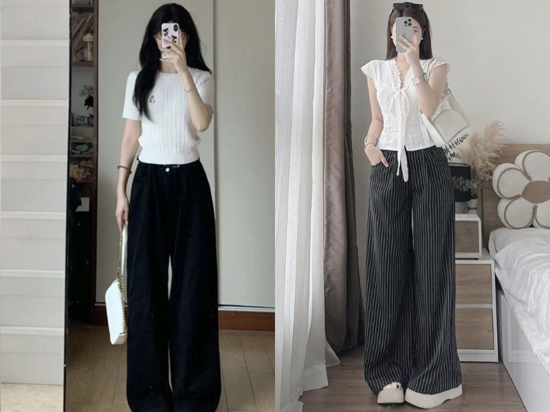 mẫu áo lửng mặc với quần ống rộng