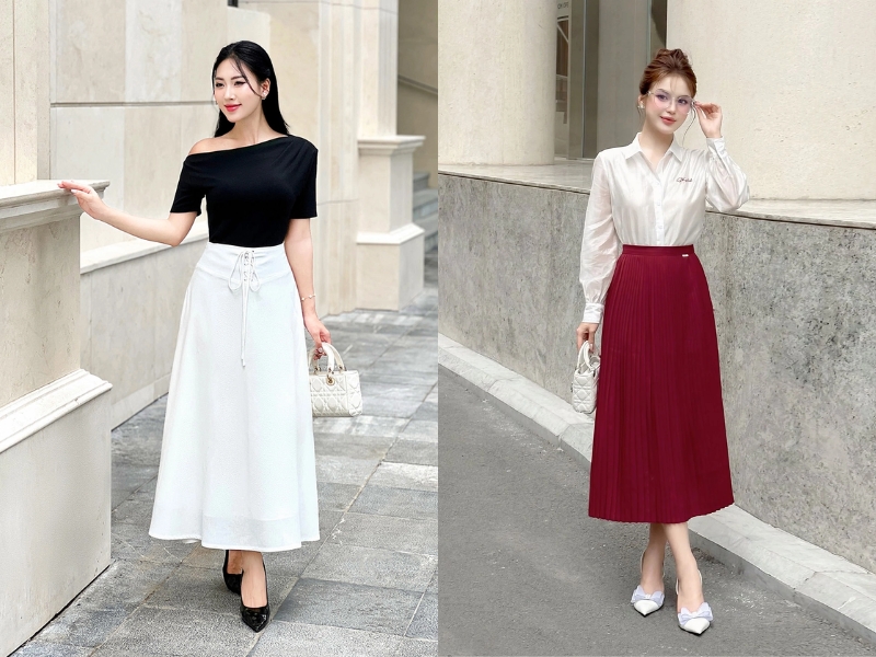 chân váy dài nên kết hợp với áo gì