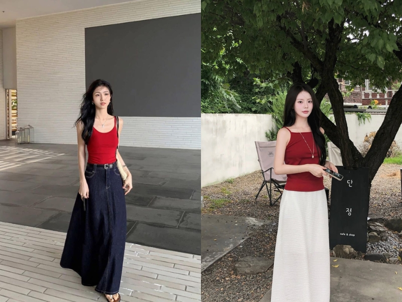 chân váy dài nên kết hợp với áo gì