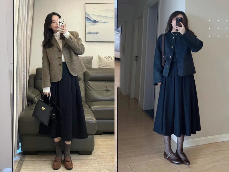 chân váy dài mặc với áo gì