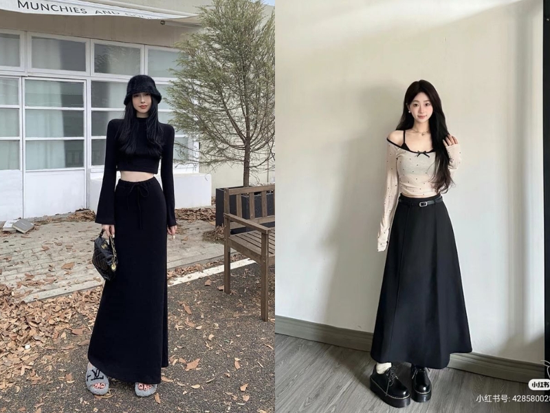 chân váy dài mặc với áo gì