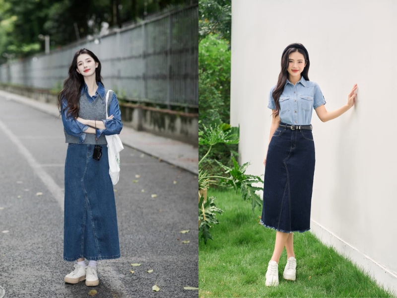 phối chân váy dài với áo gì