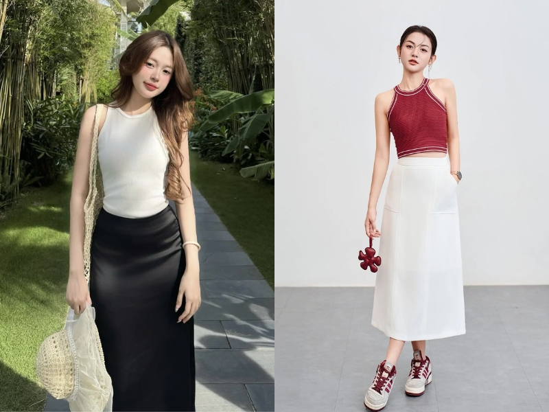 chân váy dài mặc với áo gì