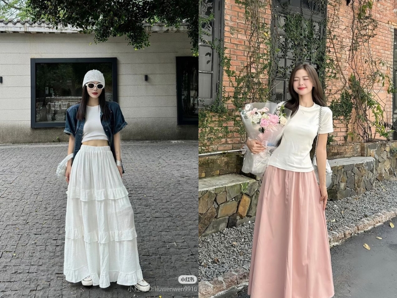 chân váy dài mặc với áo gì
