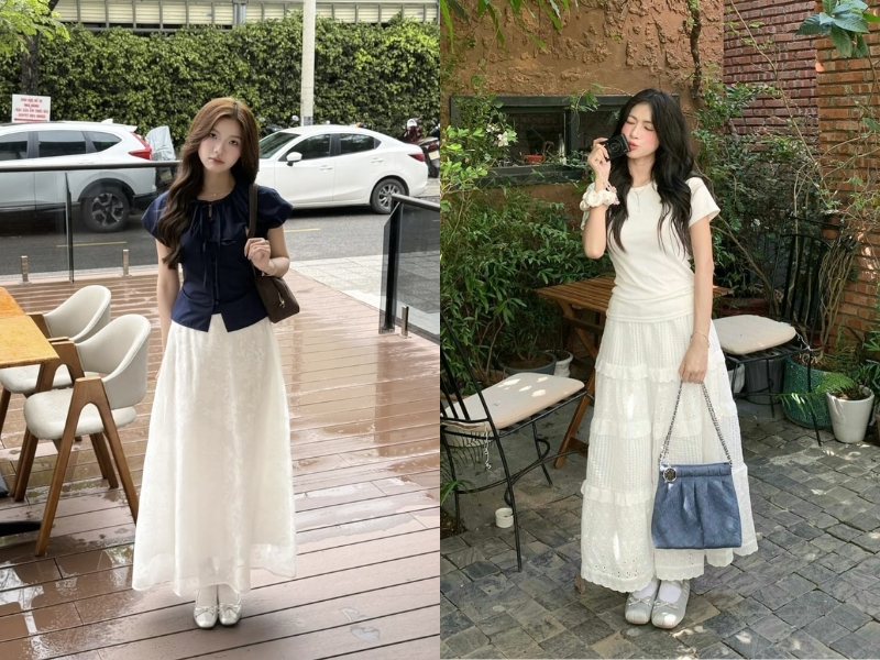 chân váy dài mặc với gì