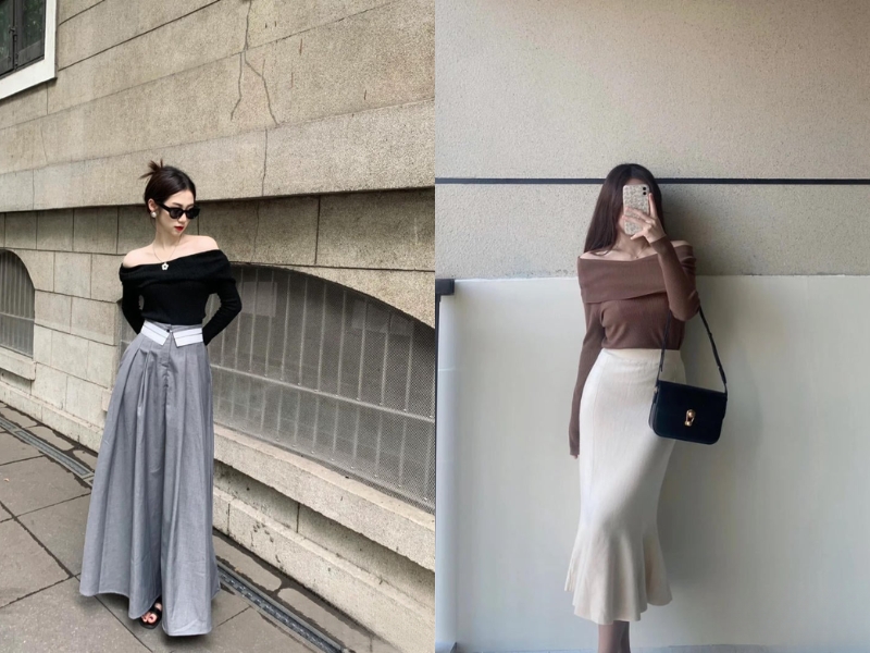 chân váy dài thì mặc với áo gì
