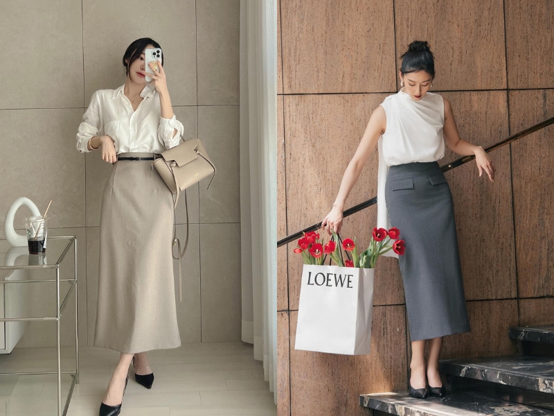 chân váy dài qua gối kết hợp với áo gì