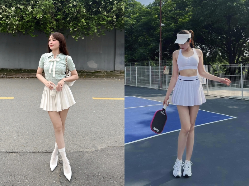 cách phối đồ với chân váy tennis caro