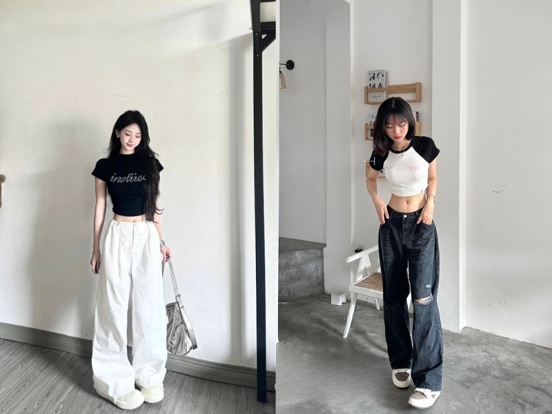 mặc quần ống rộng đi giày thể thao