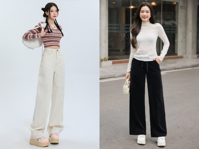 phối quần ống rộng với giày thể thao