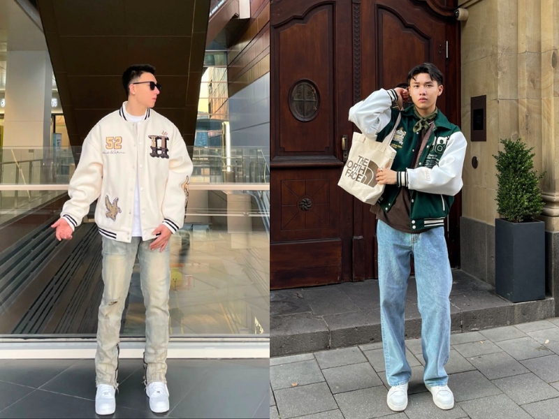 quần jeans và varsity jacket 