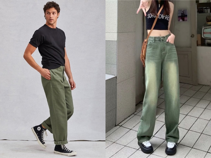 quần xanh rêu kết hợp áo màu gì