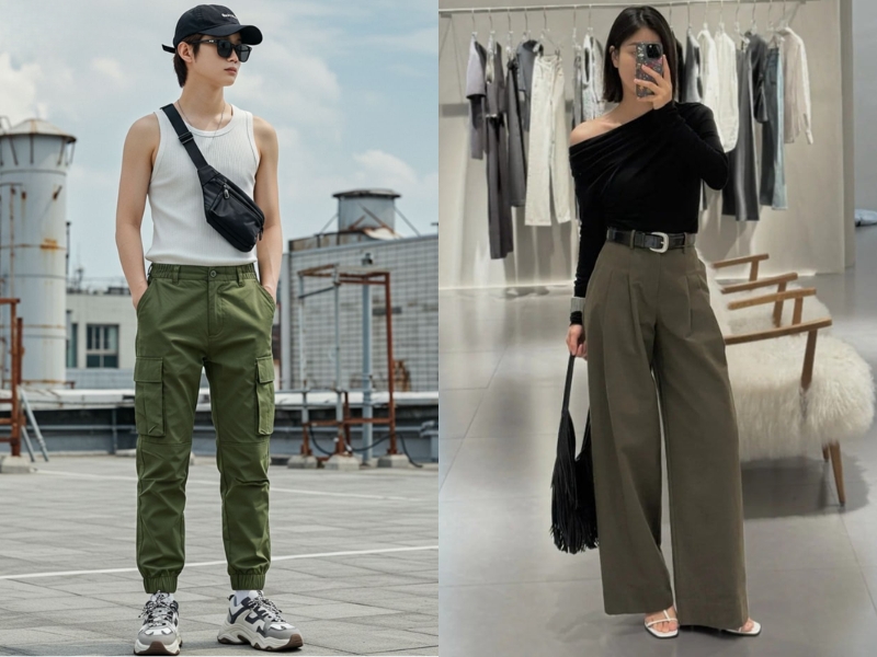 quần xanh rêu phối áo màu gì