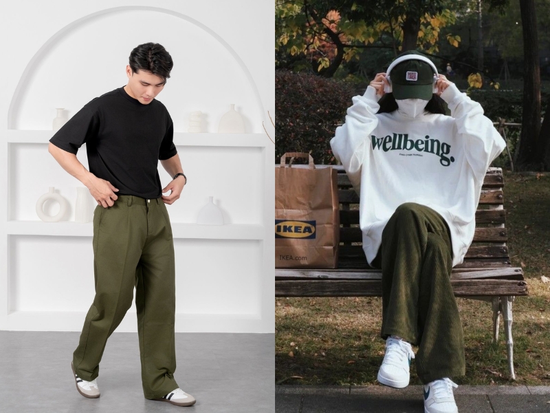 quần xanh rêu mặc với áo gì