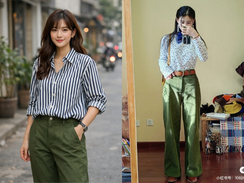 quần xanh rêu phối áo màu gì