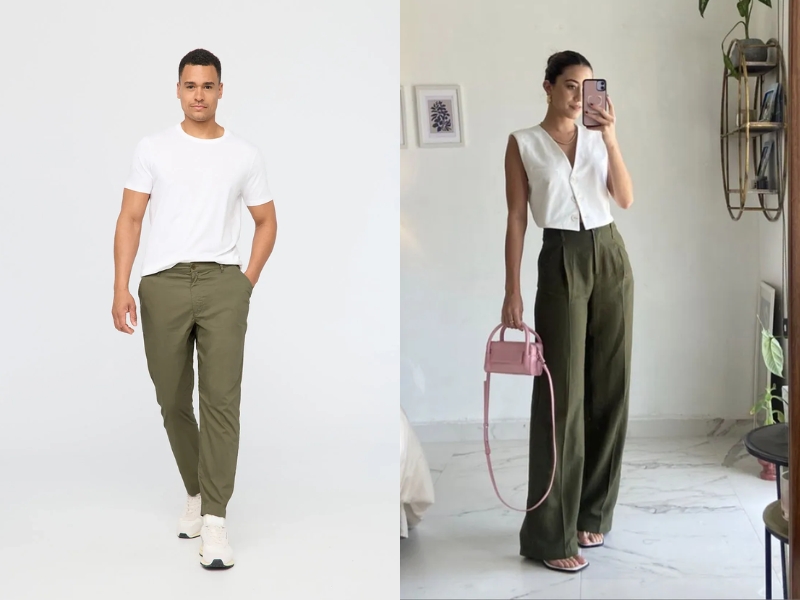 quần màu rêu kết hợp áo màu gì