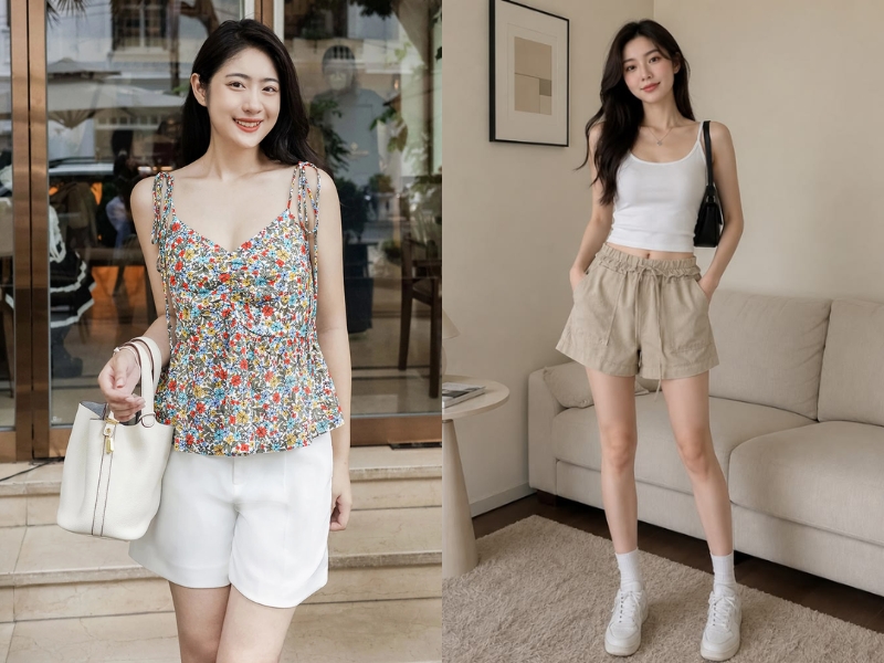 mix đồ với quần short cạp cao