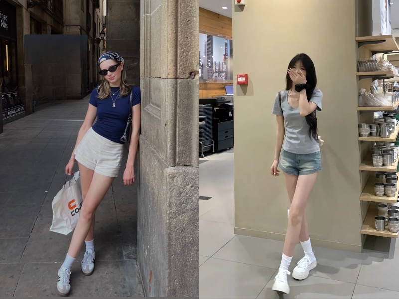 cách mix đồ với quần short cạp cao