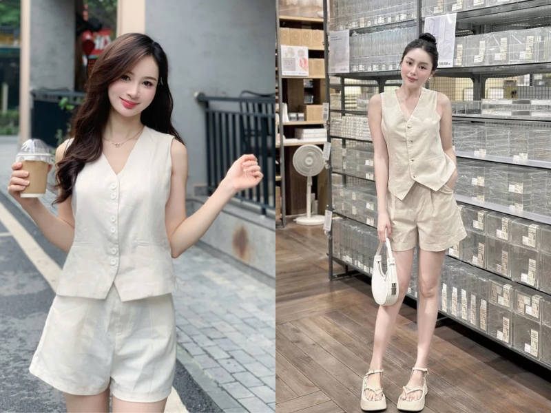 mix đồ với quần short cạp cao