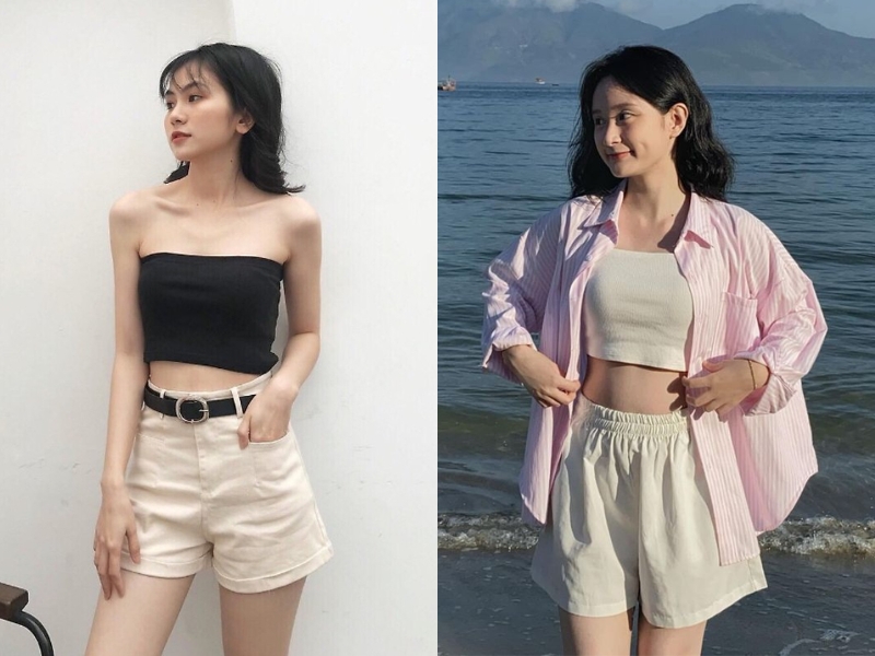 cách mix đồ với quần short cạp cao