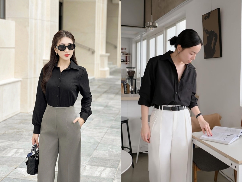 cách phối đồ với sơ mi đen nữ