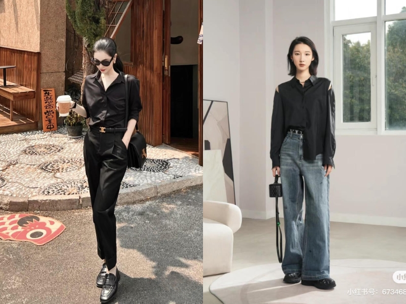 phối áo sơ mi đen nữ
