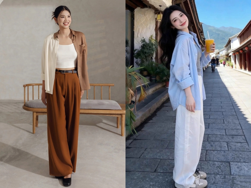 outfit áo sơ mi khoác ngoài nữ
