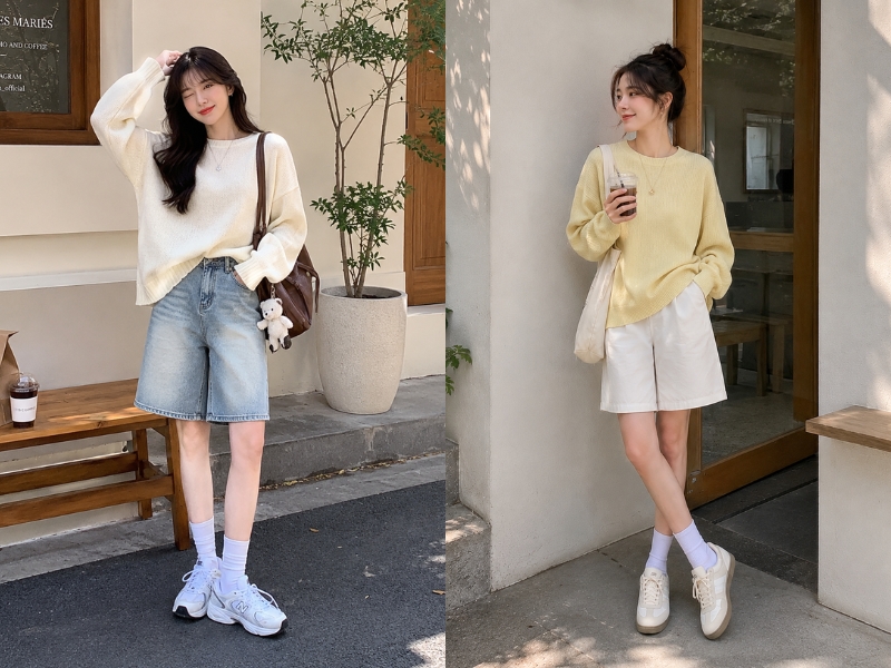 cách mix đồ với quần short cạp cao