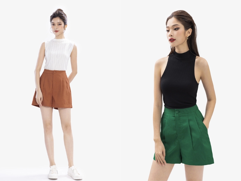 cách mix đồ với quần short cạp cao