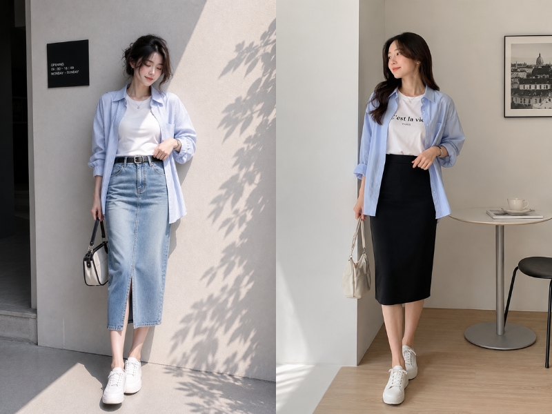 phối đồ áo sơ mi khoác ngoài nữ