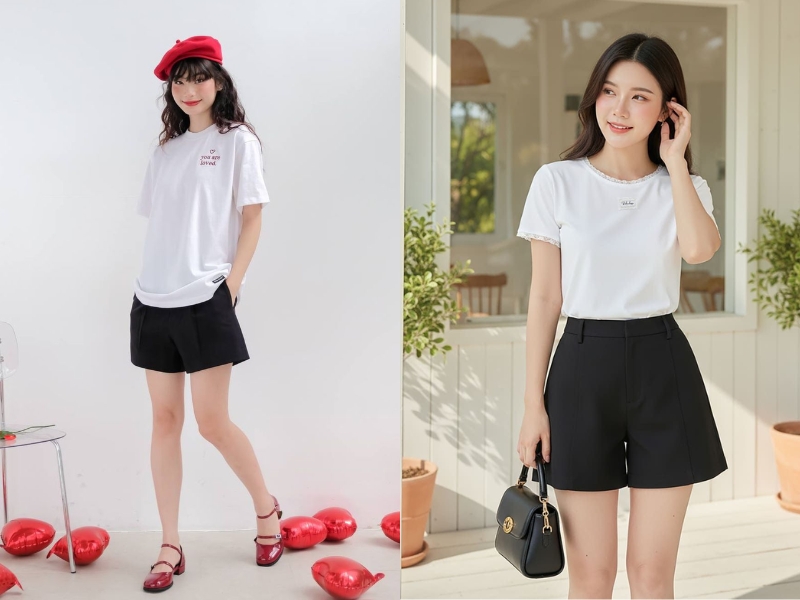 cách mix đồ với quần short cạp cao