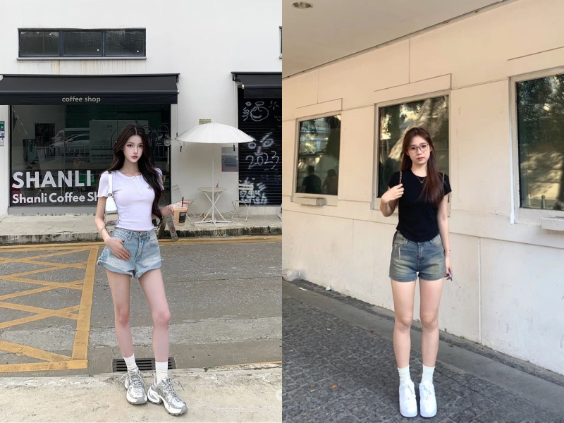 mix đồ với quần short cạp cao