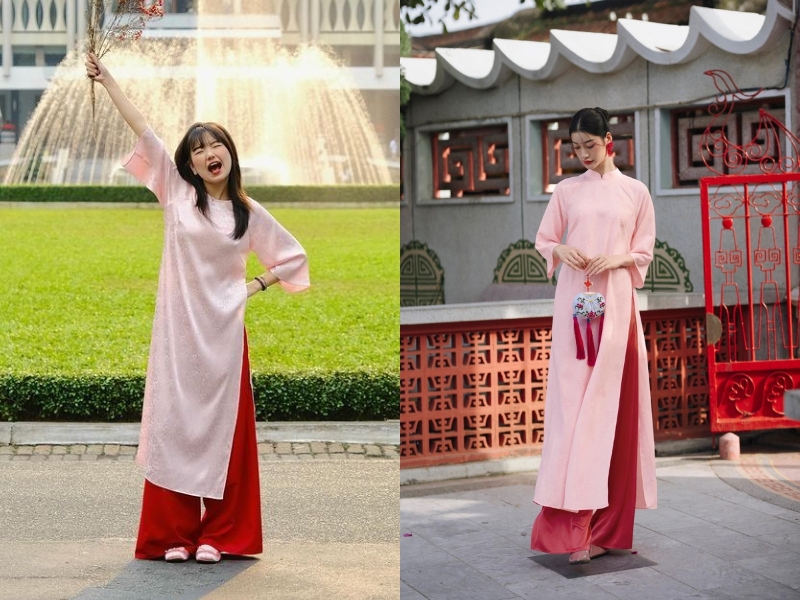 áo dài hồng phấn mặc quần màu gì