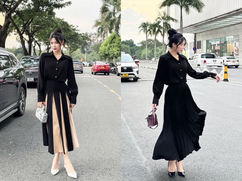phối áo sơ mi đen nữ