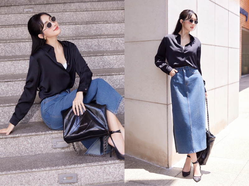 phối đồ với áo sơ mi đen nữ