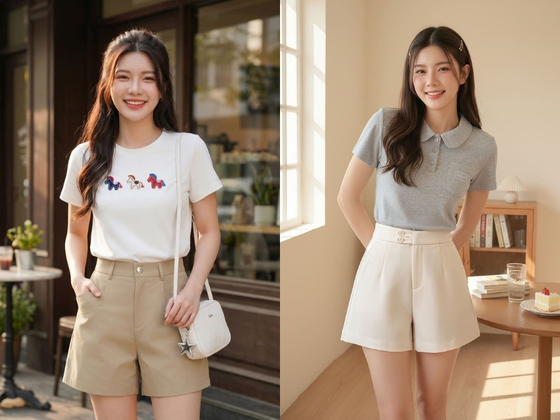 cách mix đồ với quần short cạp cao