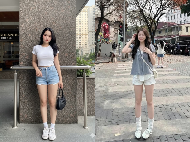 cách mix đồ với quần short cạp cao