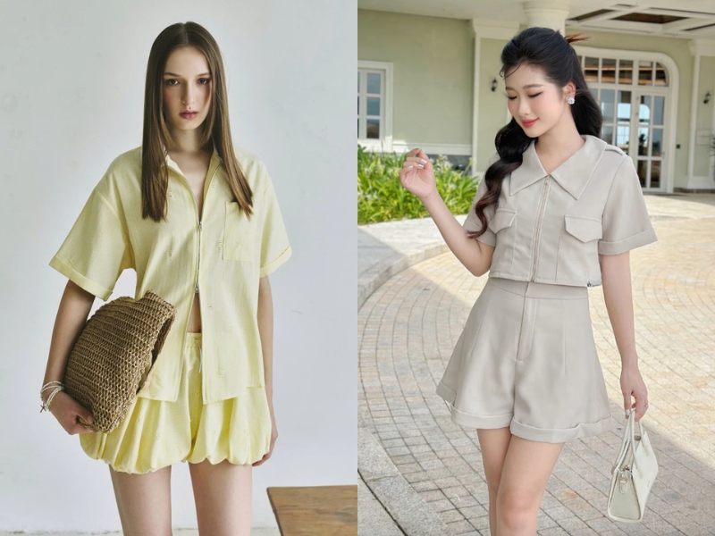 mix đồ với quần short cạp cao