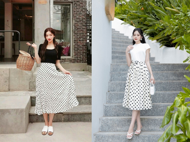 phối đồ với chân váy chấm bi