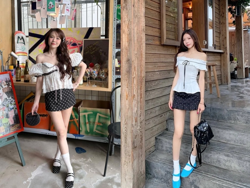 phối đồ với chân váy chấm bi